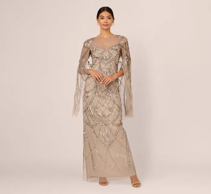Adrianna Papell Formal Dresses Illusion Beaded Cape Dress In Platinum 8211 Women