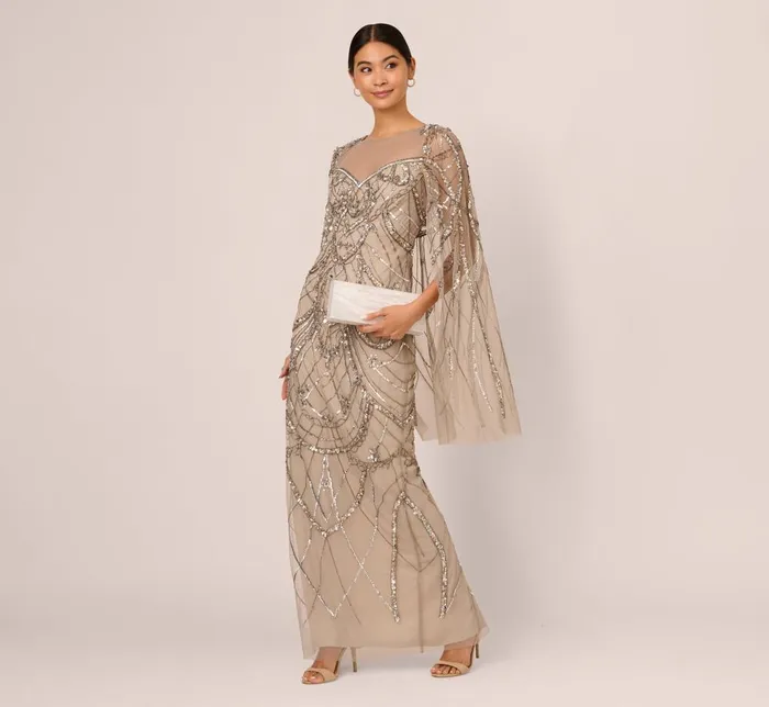Adrianna Papell Formal Dresses Illusion Beaded Cape Dress In Platinum 8211 Women