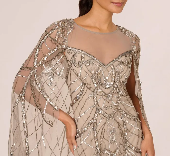 Adrianna Papell Formal Dresses Illusion Beaded Cape Dress In Platinum 8211 Women
