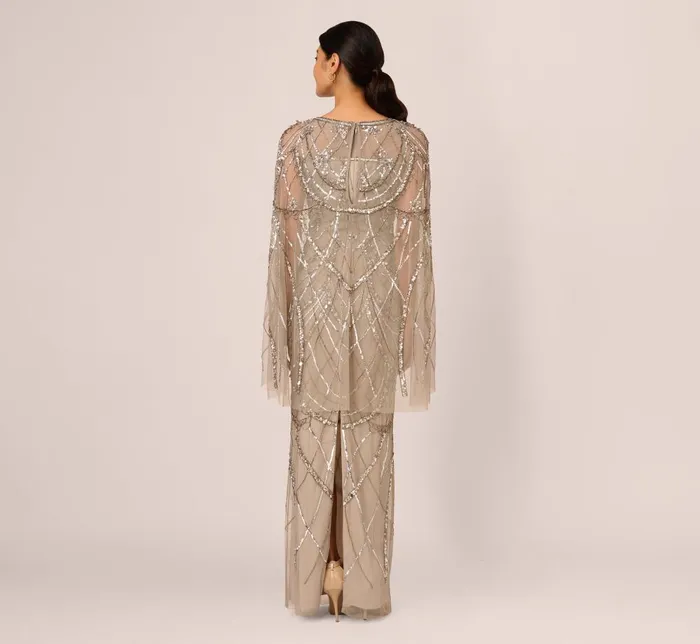 Adrianna Papell Formal Dresses Illusion Beaded Cape Dress In Platinum 8211 Women