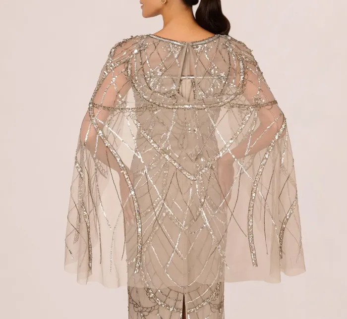 Adrianna Papell Formal Dresses Illusion Beaded Cape Dress In Platinum 8211 Women