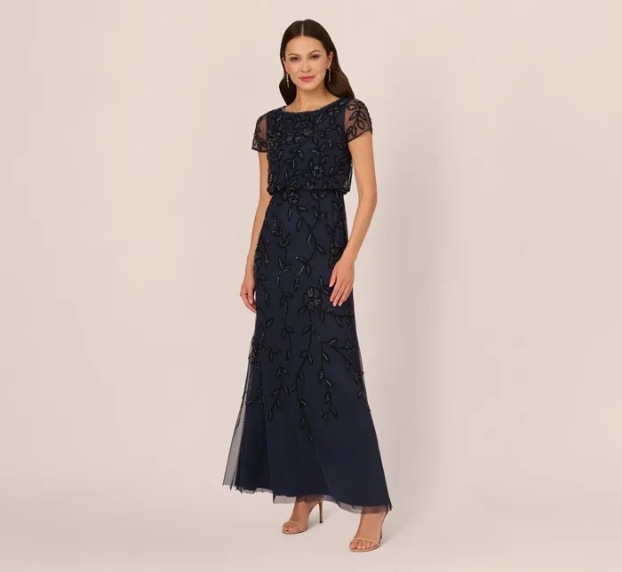 Adrianna Papell Formal Dresses Jasmine Beaded Blouson Gown With Sheer Short Sleeves In Navy Black 8211 Women Adrianna Papell Formal Dresses Jasmine Beaded Blouson Gown With Sheer Short Sleeves In Navy Black 8211 Women
