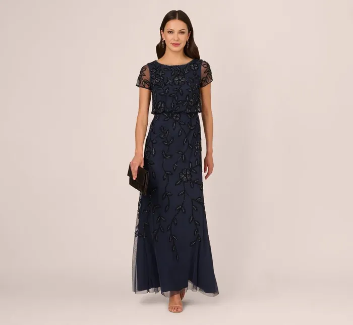 Adrianna Papell Formal Dresses Jasmine Beaded Blouson Gown With Sheer Short Sleeves In Navy Black 8211 Women