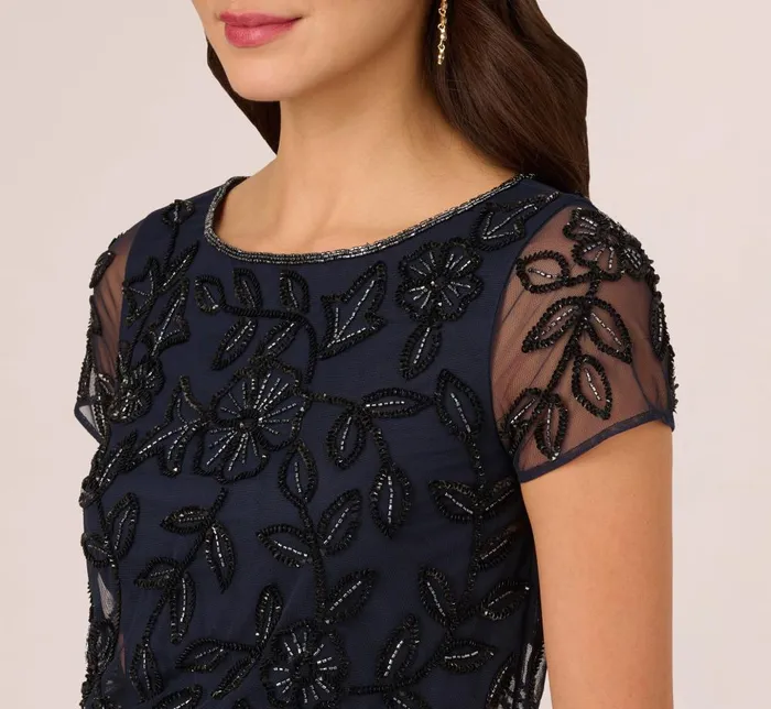 Adrianna Papell Formal Dresses Jasmine Beaded Blouson Gown With Sheer Short Sleeves In Navy Black 8211 Women