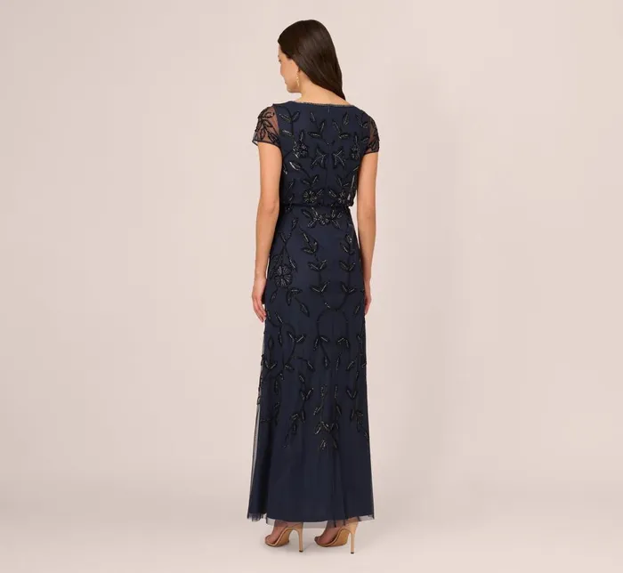 Adrianna Papell Formal Dresses Jasmine Beaded Blouson Gown With Sheer Short Sleeves In Navy Black 8211 Women
