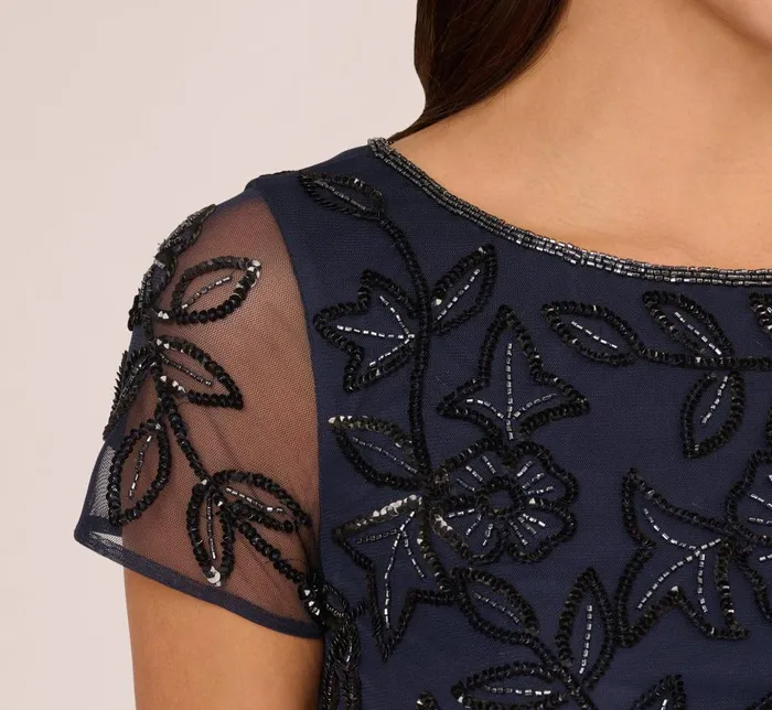 Adrianna Papell Formal Dresses Jasmine Beaded Blouson Gown With Sheer Short Sleeves In Navy Black 8211 Women