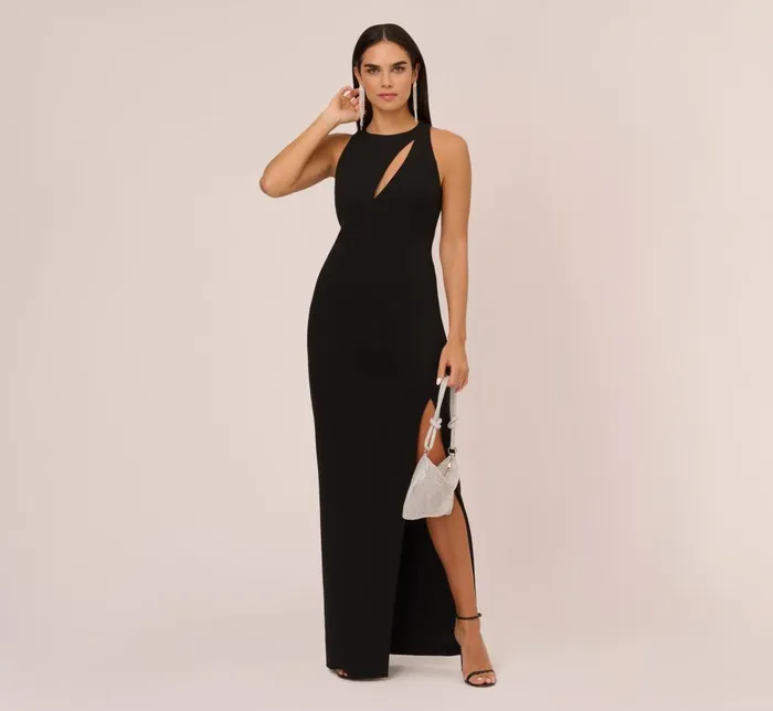 Adrianna Papell Formal Dresses Knit Crepe Sleeveless Column Gown With Cutout Neckline In Black 8211 Women