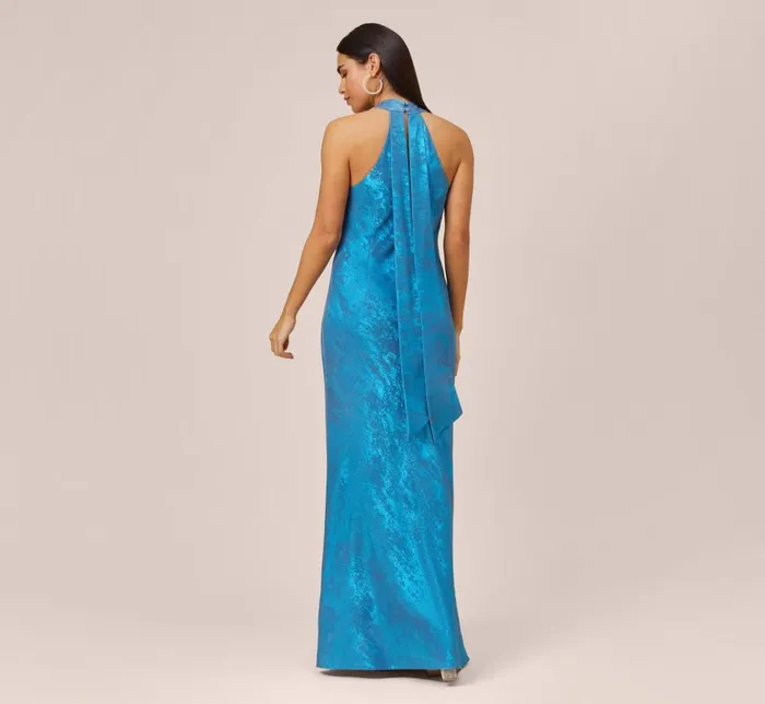 Adrianna Papell Formal Dresses Metallic Chiffon Halter Gown In Ocean Dream 8211 Women