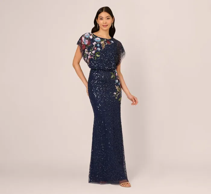 Adrianna Papell Formal Dresses Multicolor Floral Beaded Mermaid Gown With Dolman Sleeves In Midnight Multi 8211 Women Adrianna Papell Formal Dresses Multicolor Floral Beaded Mermaid Gown With Dolman Sleeves In Midnight Multi 8211 Women