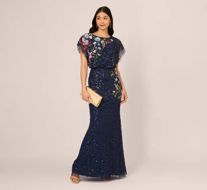 Adrianna Papell Formal Dresses Multicolor Floral Beaded Mermaid Gown With Dolman Sleeves In Midnight Multi 8211 Women
