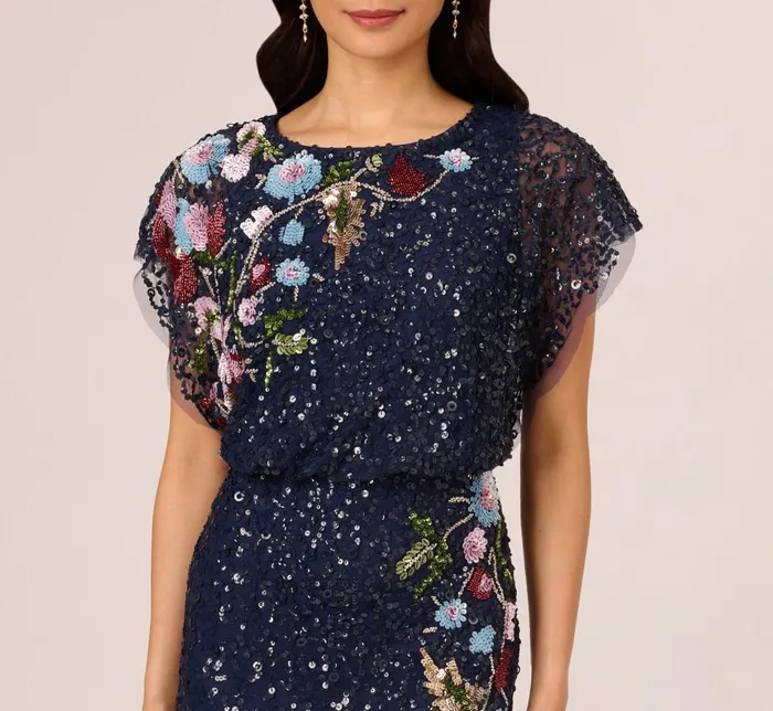 Adrianna Papell Formal Dresses Multicolor Floral Beaded Mermaid Gown With Dolman Sleeves In Midnight Multi 8211 Women