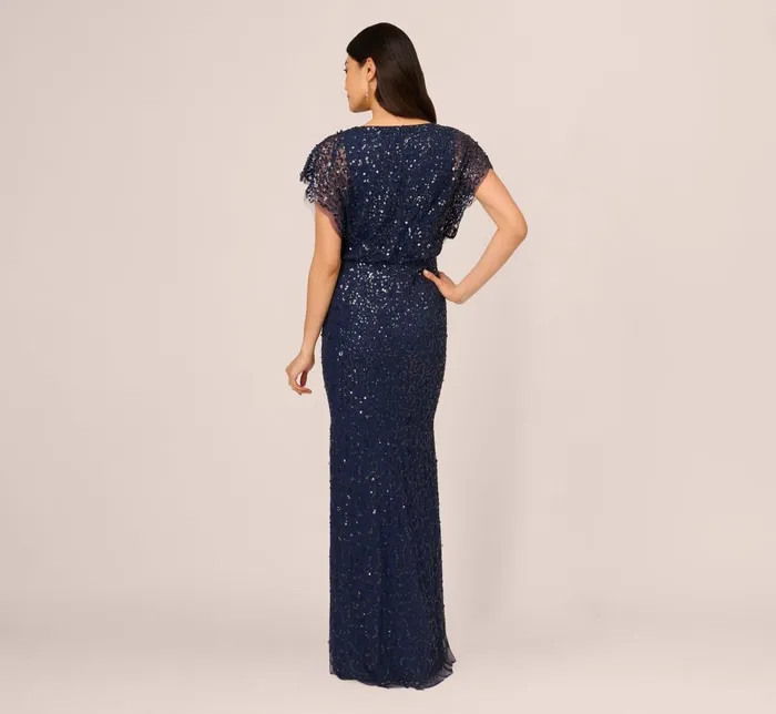 Adrianna Papell Formal Dresses Multicolor Floral Beaded Mermaid Gown With Dolman Sleeves In Midnight Multi 8211 Women