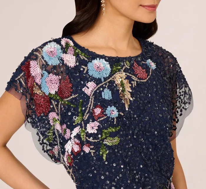 Adrianna Papell Formal Dresses Multicolor Floral Beaded Mermaid Gown With Dolman Sleeves In Midnight Multi 8211 Women