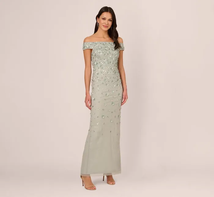 Adrianna Papell Formal Dresses Off Shoulder Dress With Floral Embellishment In Frosted Sage 8211 Women Adrianna Papell Formal Dresses Off Shoulder Dress With Floral Embellishment In Frosted Sage 8211 Women