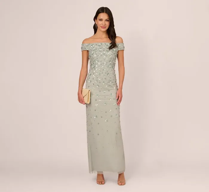 Adrianna Papell Formal Dresses Off Shoulder Dress With Floral Embellishment In Frosted Sage 8211 Women
