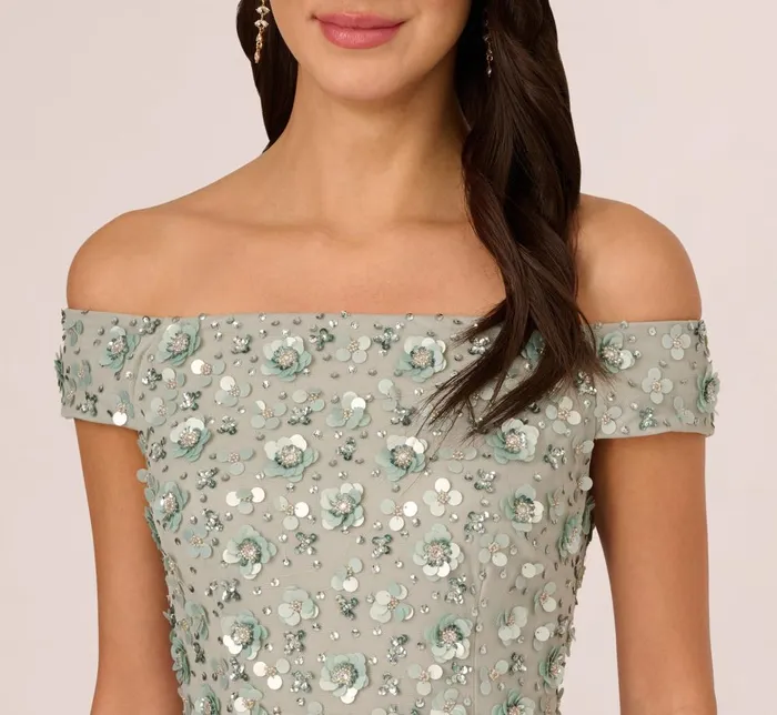 Adrianna Papell Formal Dresses Off Shoulder Dress With Floral Embellishment In Frosted Sage 8211 Women
