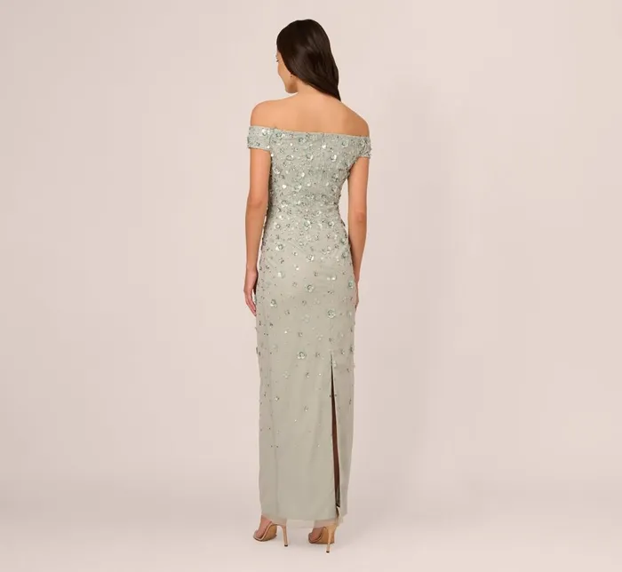Adrianna Papell Formal Dresses Off Shoulder Dress With Floral Embellishment In Frosted Sage 8211 Women