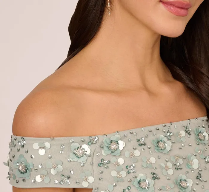 Adrianna Papell Formal Dresses Off Shoulder Dress With Floral Embellishment In Frosted Sage 8211 Women