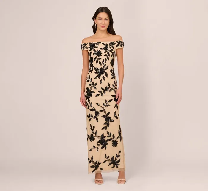 Adrianna Papell Formal Dresses Off The Shoulder Column Gown With Leaf Beading In Black Nude 8211 Women Adrianna Papell Formal Dresses Off The Shoulder Column Gown With Leaf Beading In Black Nude 8211 Women