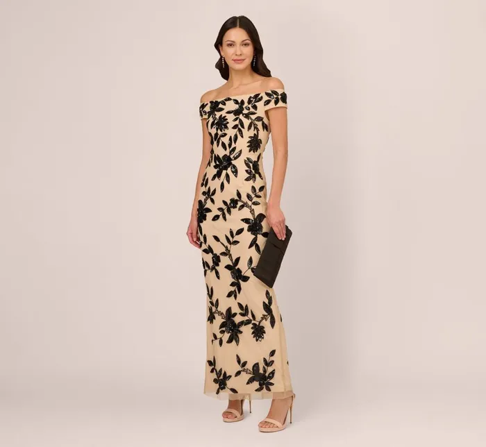 Adrianna Papell Formal Dresses Off The Shoulder Column Gown With Leaf Beading In Black Nude 8211 Women
