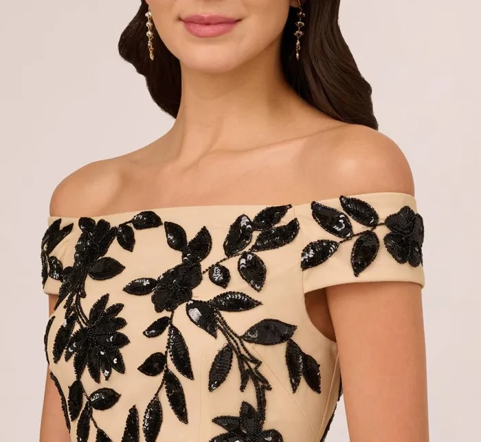 Adrianna Papell Formal Dresses Off The Shoulder Column Gown With Leaf Beading In Black Nude 8211 Women
