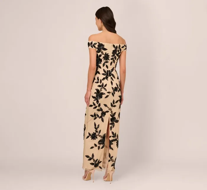 Adrianna Papell Formal Dresses Off The Shoulder Column Gown With Leaf Beading In Black Nude 8211 Women