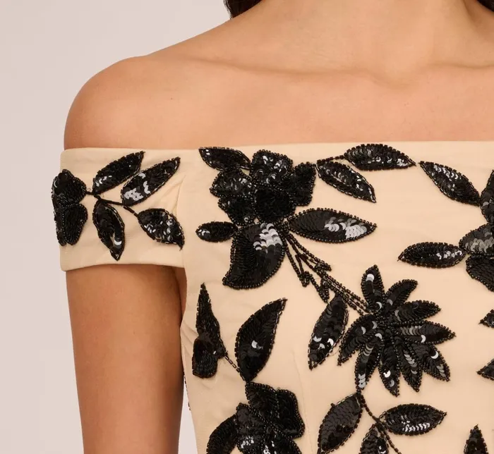 Adrianna Papell Formal Dresses Off The Shoulder Column Gown With Leaf Beading In Black Nude 8211 Women