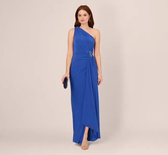 Adrianna Papell Formal Dresses One Shoulder Draped Jersey Gown With Floral Sequin Accents In Brilliant Sapphire 8211 Women