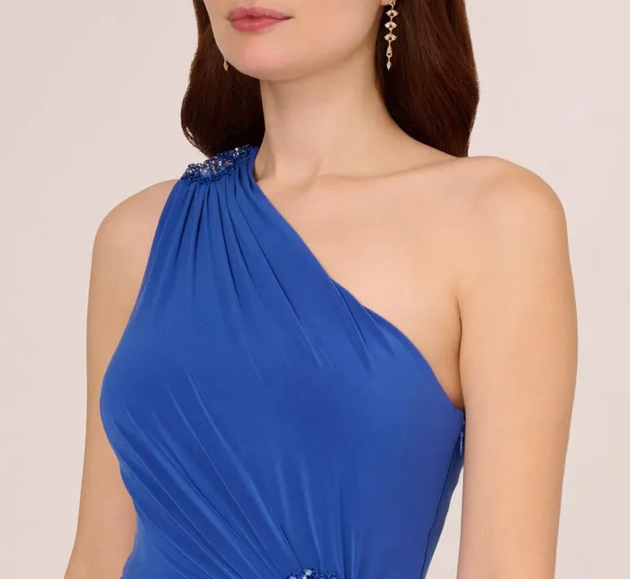 Adrianna Papell Formal Dresses One Shoulder Draped Jersey Gown With Floral Sequin Accents In Brilliant Sapphire 8211 Women