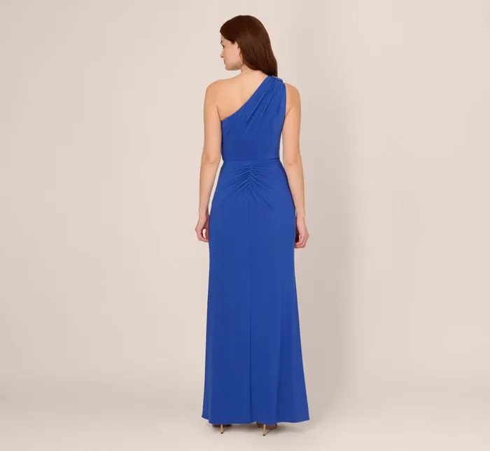 Adrianna Papell Formal Dresses One Shoulder Draped Jersey Gown With Floral Sequin Accents In Brilliant Sapphire 8211 Women