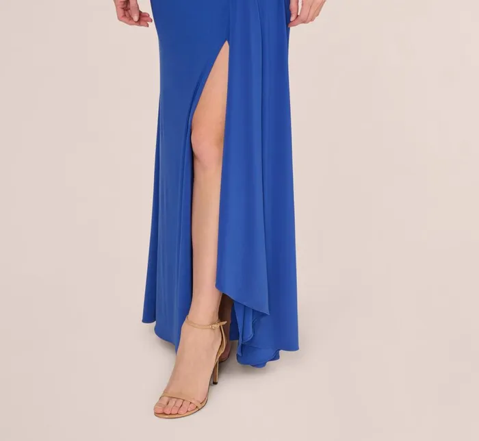 Adrianna Papell Formal Dresses One Shoulder Draped Jersey Gown With Floral Sequin Accents In Brilliant Sapphire 8211 Women