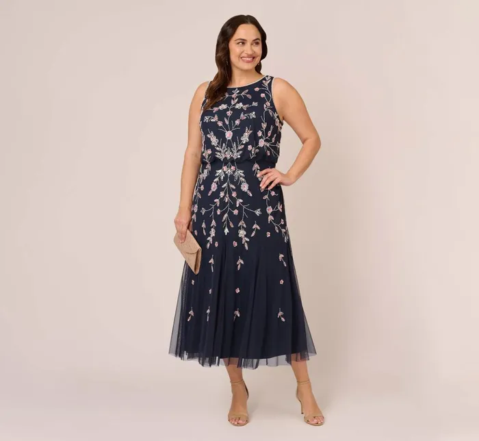 Adrianna Papell Formal Dresses Plus Size Floral Beaded Blouson Tea Length Dress In Navy Blush 8211 Women
