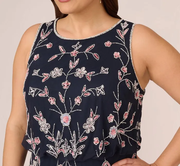 Adrianna Papell Formal Dresses Plus Size Floral Beaded Blouson Tea Length Dress In Navy Blush 8211 Women