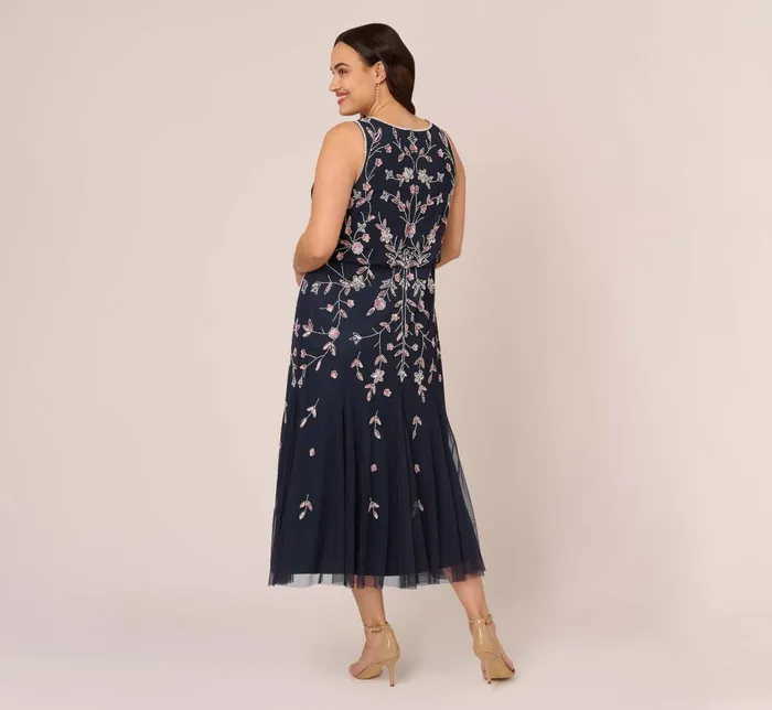 Adrianna Papell Formal Dresses Plus Size Floral Beaded Blouson Tea Length Dress In Navy Blush 8211 Women