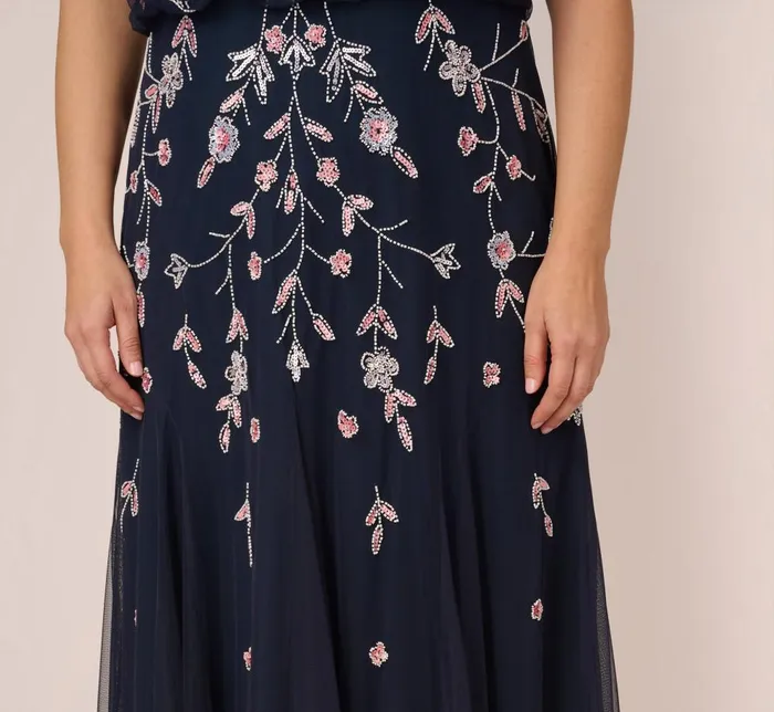 Adrianna Papell Formal Dresses Plus Size Floral Beaded Blouson Tea Length Dress In Navy Blush 8211 Women
