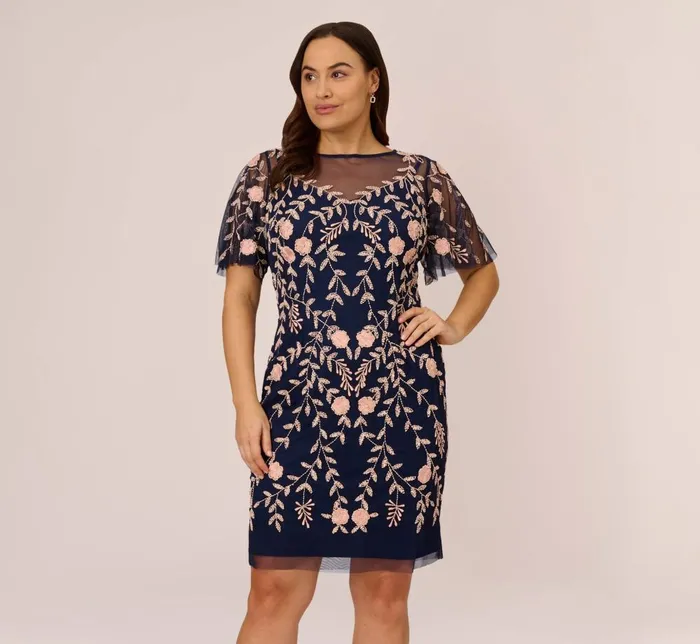 Adrianna Papell Formal Dresses Plus Size Floral Beaded Dress With Sheer Flutter Sleeves In Navy Blush 8211 Women
