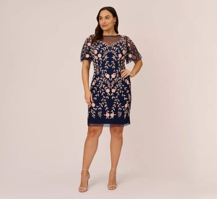 Adrianna Papell Formal Dresses Plus Size Floral Beaded Dress With Sheer Flutter Sleeves In Navy Blush 8211 Women