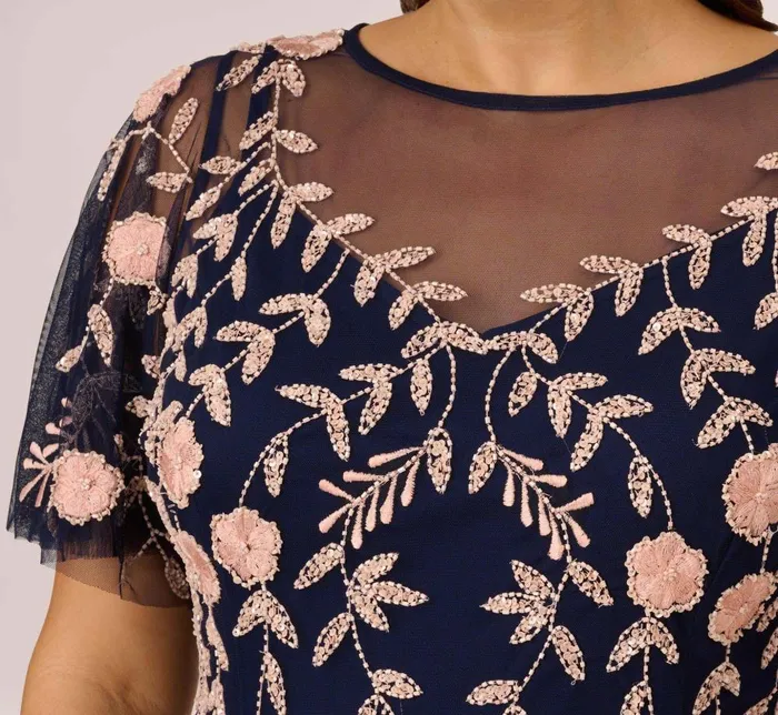 Adrianna Papell Formal Dresses Plus Size Floral Beaded Dress With Sheer Flutter Sleeves In Navy Blush 8211 Women