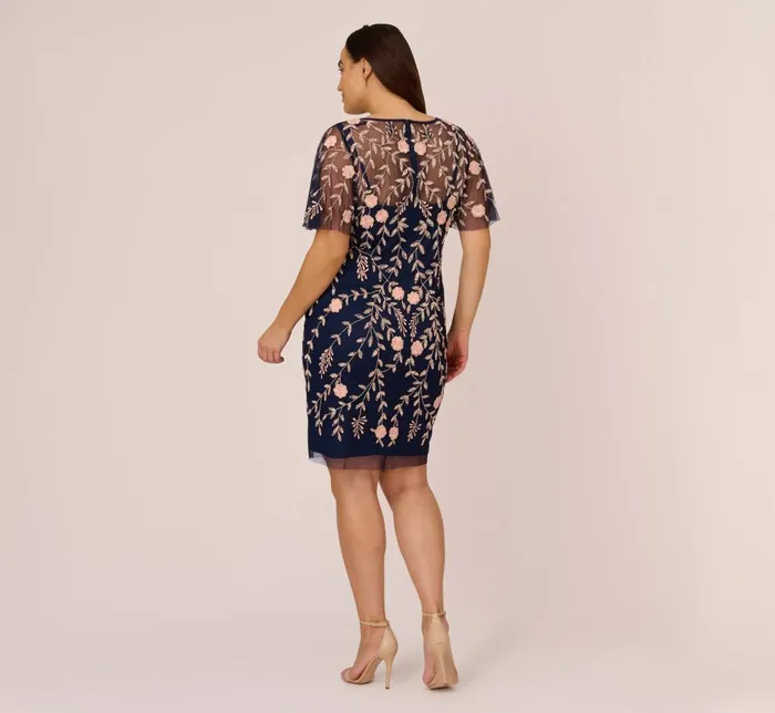 Adrianna Papell Formal Dresses Plus Size Floral Beaded Dress With Sheer Flutter Sleeves In Navy Blush 8211 Women