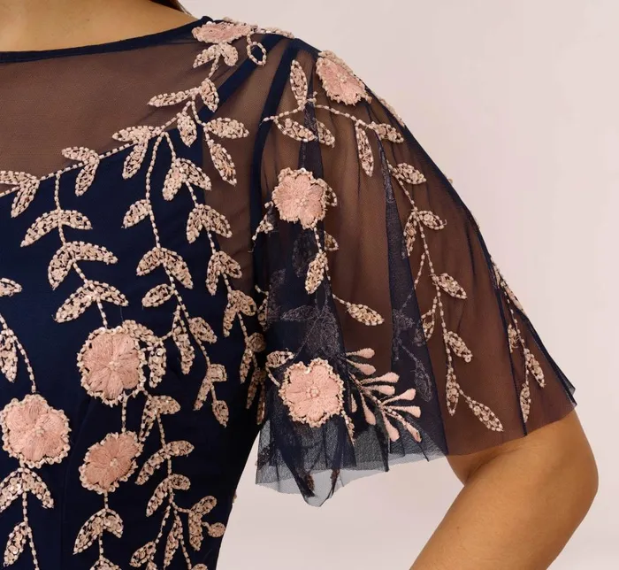 Adrianna Papell Formal Dresses Plus Size Floral Beaded Dress With Sheer Flutter Sleeves In Navy Blush 8211 Women