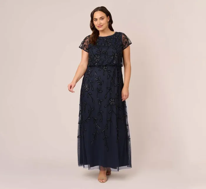 Adrianna Papell Formal Dresses Plus Size Jasmine Beaded Blouson Gown With Sheer Short Sleeves In Navy Black 8211 Women Adrianna Papell Formal Dresses Plus Size Jasmine Beaded Blouson Gown With Sheer Short Sleeves In Navy Black 8211 Women