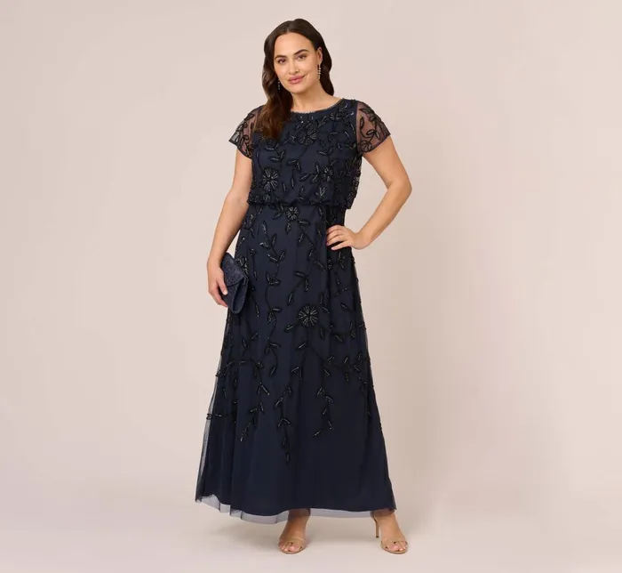Adrianna Papell Formal Dresses Plus Size Jasmine Beaded Blouson Gown With Sheer Short Sleeves In Navy Black 8211 Women
