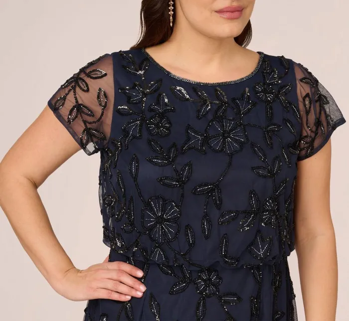 Adrianna Papell Formal Dresses Plus Size Jasmine Beaded Blouson Gown With Sheer Short Sleeves In Navy Black 8211 Women