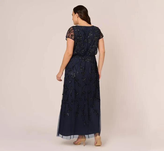 Adrianna Papell Formal Dresses Plus Size Jasmine Beaded Blouson Gown With Sheer Short Sleeves In Navy Black 8211 Women