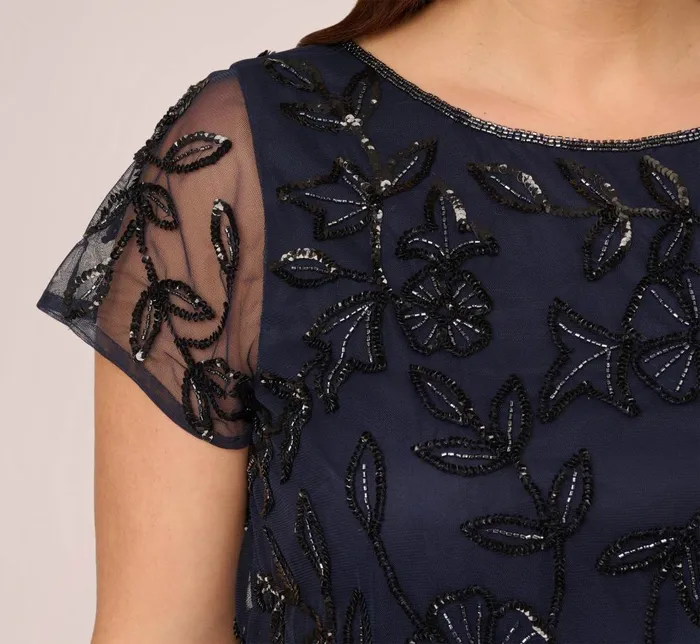 Adrianna Papell Formal Dresses Plus Size Jasmine Beaded Blouson Gown With Sheer Short Sleeves In Navy Black 8211 Women