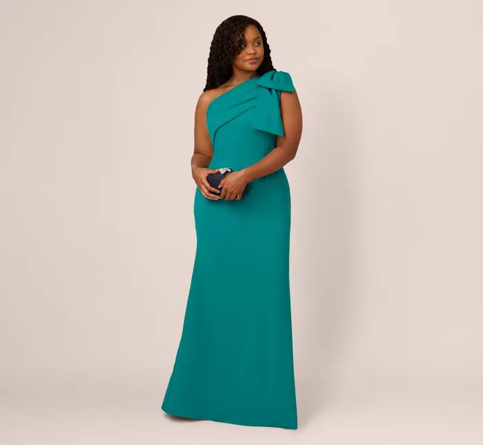 Adrianna Papell Formal Dresses Plus Size Stretch Crepe One Shoulder Mermaid Gown With Bow Accent In Tempo Teal 8211 Women