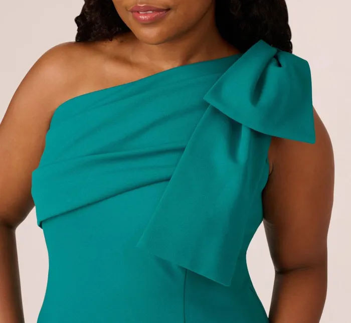 Adrianna Papell Formal Dresses Plus Size Stretch Crepe One Shoulder Mermaid Gown With Bow Accent In Tempo Teal 8211 Women