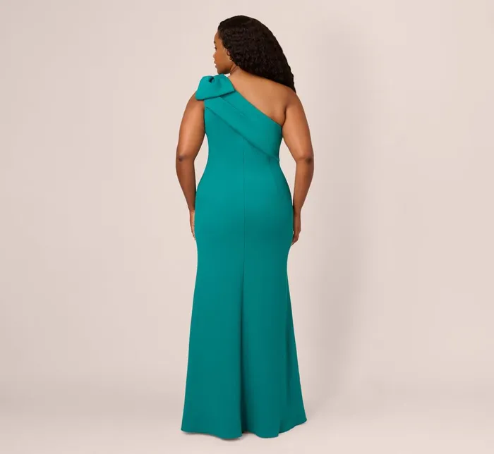 Adrianna Papell Formal Dresses Plus Size Stretch Crepe One Shoulder Mermaid Gown With Bow Accent In Tempo Teal 8211 Women