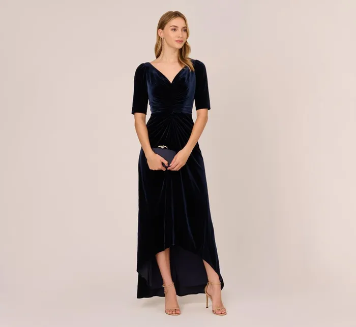 Adrianna Papell Formal Dresses Shirred Velvet Gown With ElbowLength Sleeves In Midnight 8211 Women
