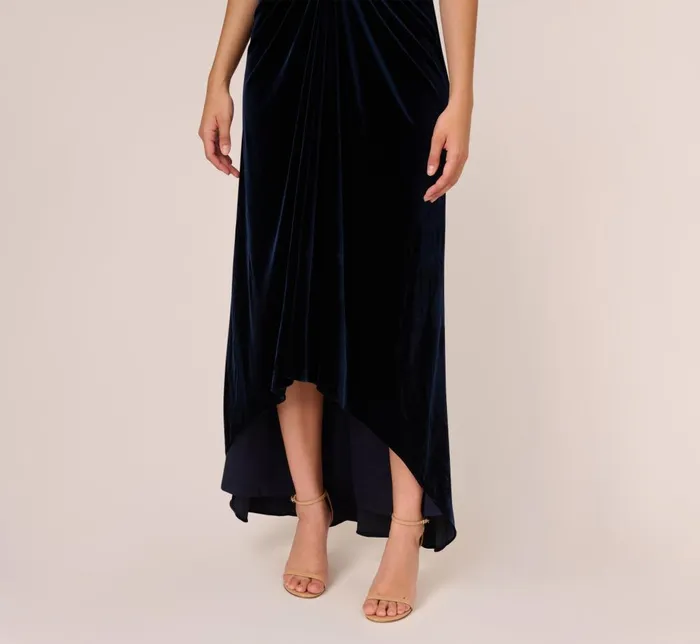 Adrianna Papell Formal Dresses Shirred Velvet Gown With ElbowLength Sleeves In Midnight 8211 Women